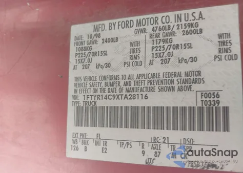 1999 Ford Ranger Xl/Xlt z USA, uszkodzony, nr VIN 1FTYR14C9XTA28116